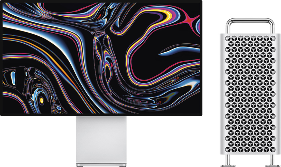 Vorderansicht eines Pro Display XDR neben dem Mac Pro